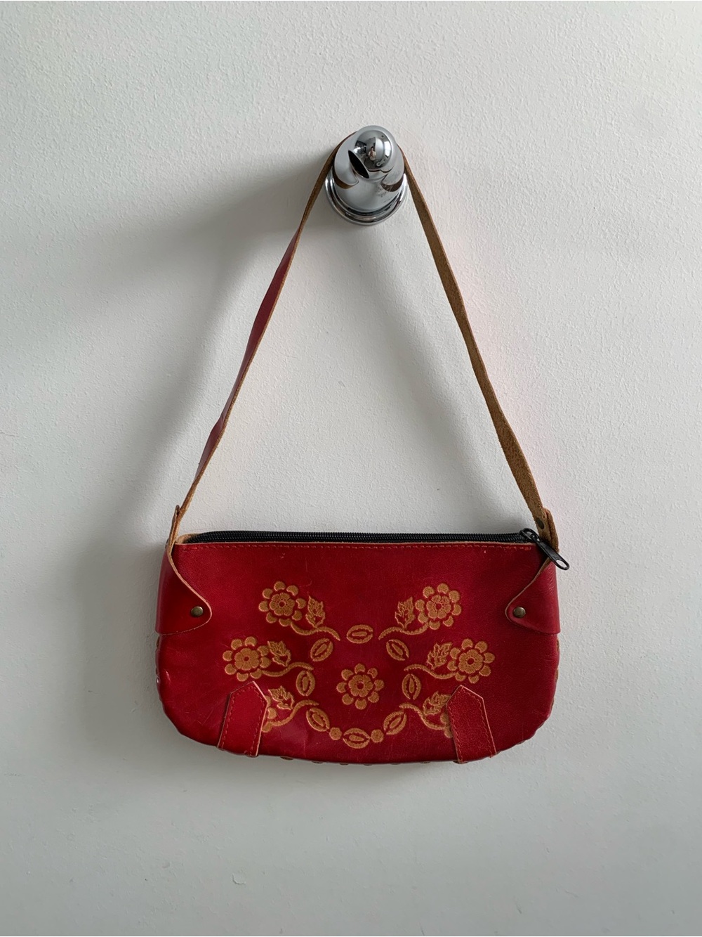 Vintage Red Hand Tooled Leather Floral Shoulder Bag Baguette Purse Boho